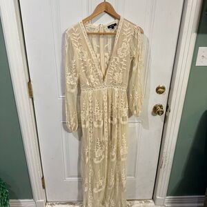 Elegant Cream Lace Maxi Dress Romper Sheer Boho Festival Bridal